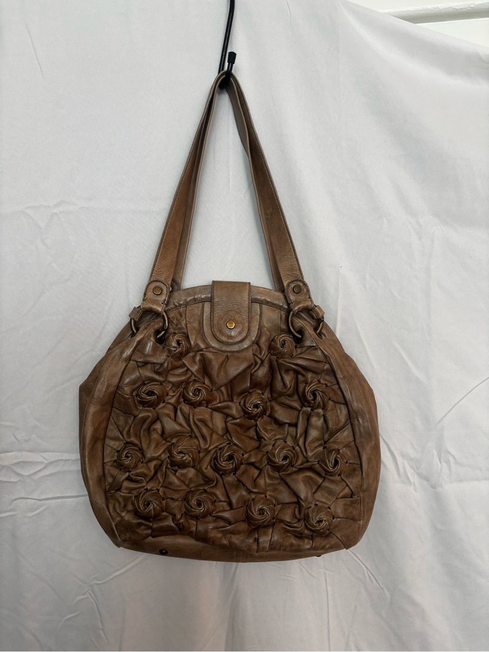 Anthropologie Lucky Penny Brown Leather Floral Rosette Shoulder Bag